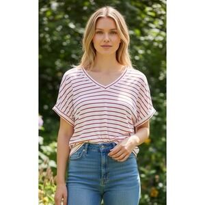 Cabi Cookout Tee T Shirt Top Knit White Red Stripe Mariner Nautical Size Large